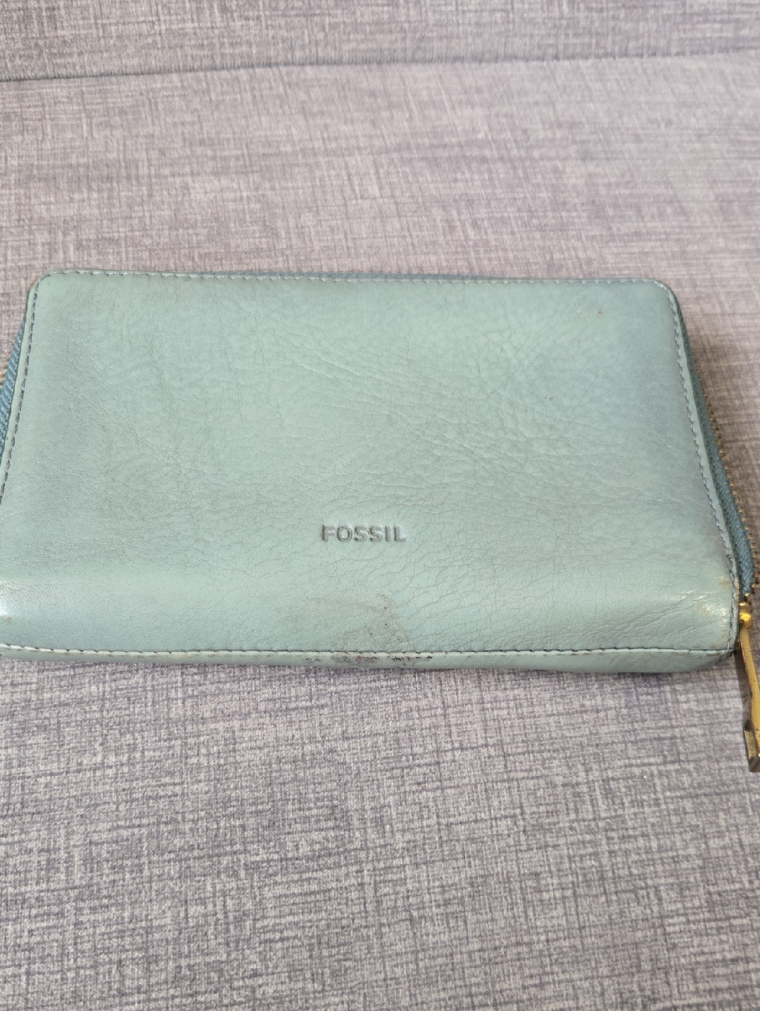 Fossil Light Aqua Emma Leather Zip Wallet With Gold Hardware
